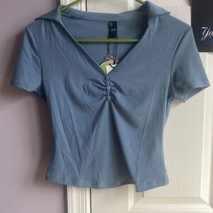 Cider NWT! Women’s Small Blue Rib V-Neck Solid Button Short Sleeve Tee